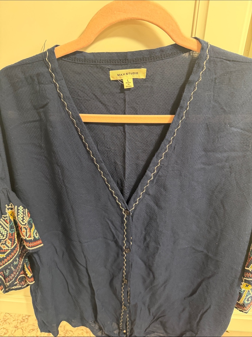 Max Studio Navy V-Neck Embroidered Button-Front Tunic